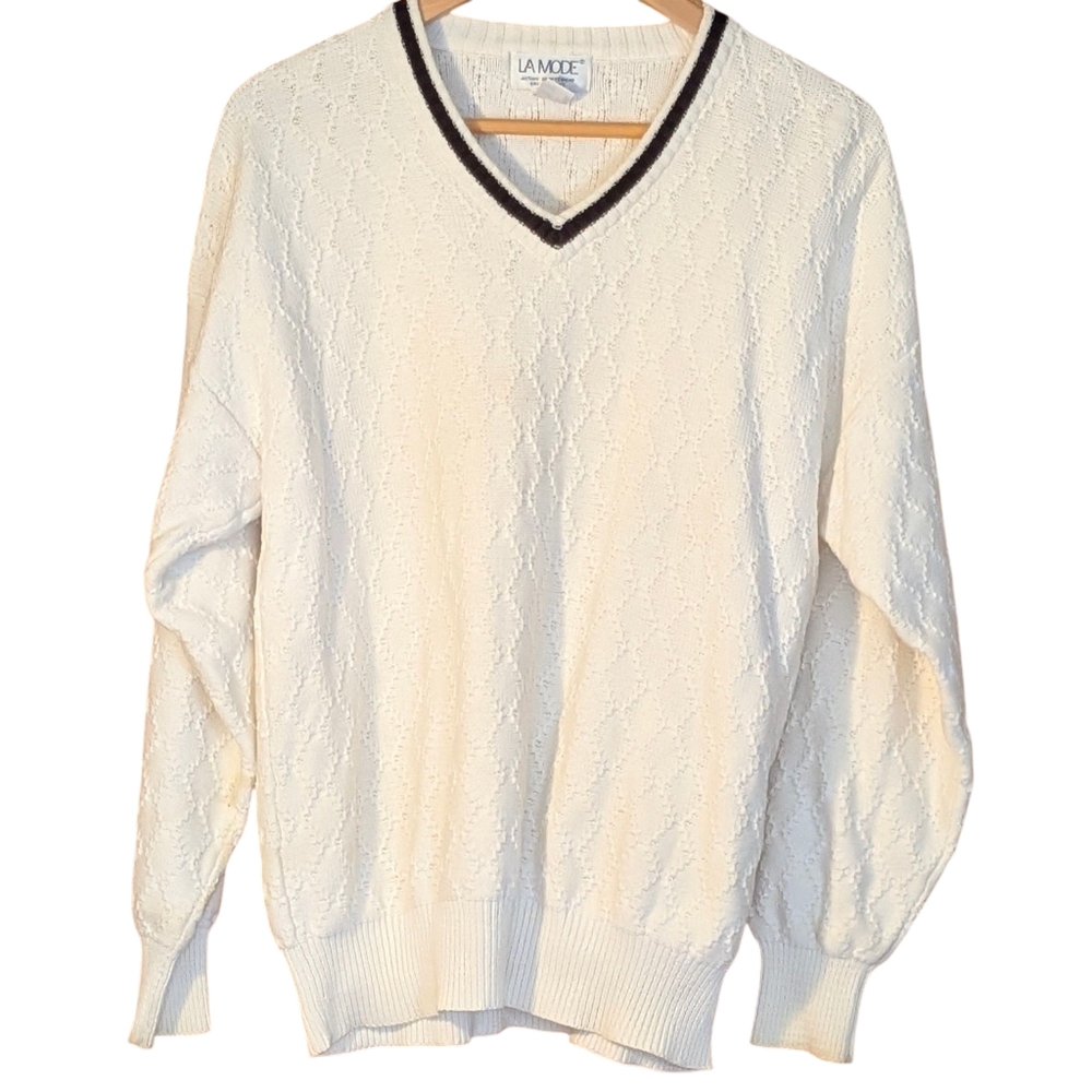 La Mode Men's Cream V-Neck Sweater Casual Preppy Golf Classic Old Money